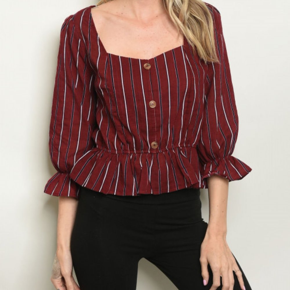 Burgundy/ navy striped blouse